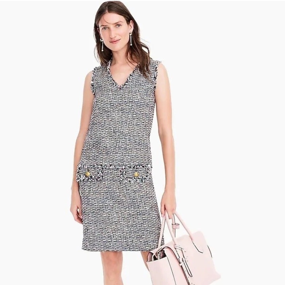 J. Crew Metallic Tweed Fringe Sheath Dress Black Pink Size 4